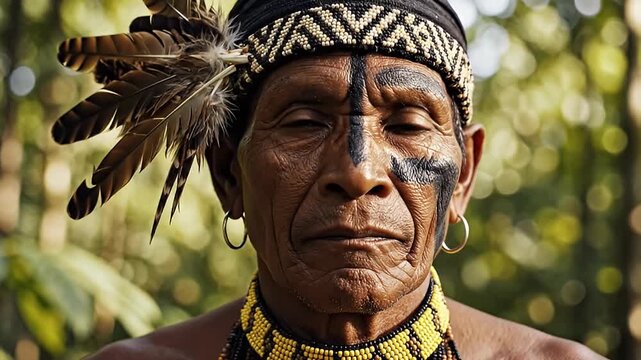 Indigenous Man with Face Paint and Traditional Headdress in Lush Green Forest Setting