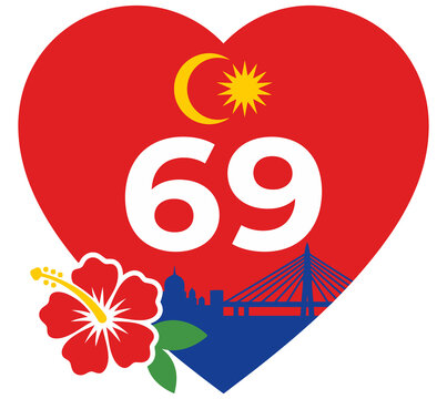 Malaysia 69th independence day heart emblem with red hibiscus flower bridge silhouette and national crescent symbol