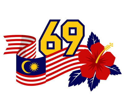 Malaysian independence day 69 number emblem with waving flag ribbon and red tropical hibiscus flower vector