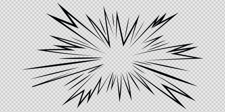 Comic speed radial zoom lines frame vector illustration. Manga action burst star explosion effect, pop art fast velocity motion ray frame on transparent background for anime superhero design.