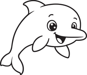 Fototapeta premium Cute Smiling Dolphin Swimming in the Ocean, Adorable Marine Animal Black and White Outline Vector Illustration
