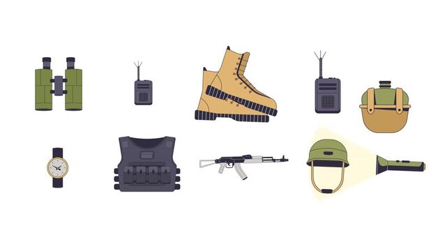 Military equipment cartoon animation pack. Assault rifle. Tactical vest. Combat boot. Soldier accessories. Army gear animated objects cartoon flat collection 4K video isolated on transparent