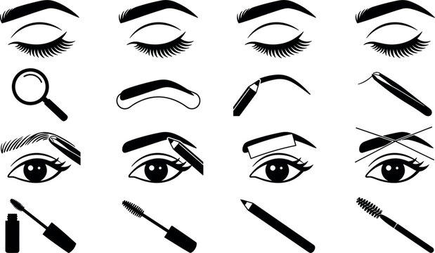 Eyebrow shaping and eyelash extension icons set featuring pencil, mascara brush, tweezers, magnifying glass, wax strip, and cosmetic tools vector illustration.