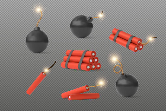 Black round and red sticks pack bombs with burning wick vector 3D icons set, explosive TNT dynamite, projectile weapon