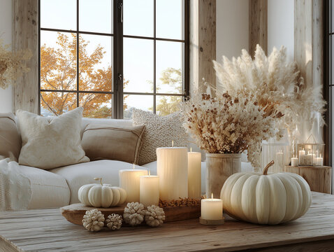 Modern farmhouse living room decorated with elegant autumn harvest decorations, pumpkins, candles, dried flowers, cozy luxury interior, natural light, photorealistic, no people