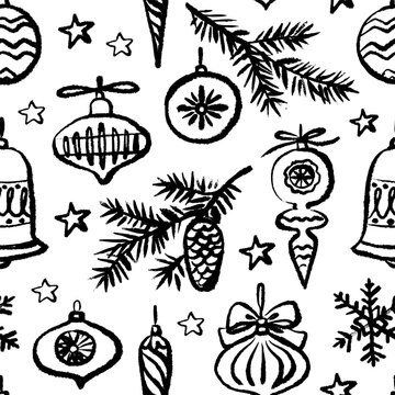 Christmas vintage sketch seamless pattern. Happy New Year hand drawn doodle blackboard background. Vector line art isolated illustration