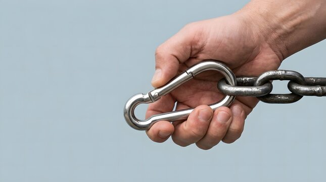 Hand Holding Metal Carabiner Hook Attached to Heavy Steel Chain for Security and Connection Concept