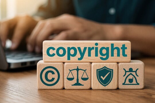Wooden blocks display copyright symbol and scales of justice. Person types on laptop, protecting intellectual property rights online. Legal concept.