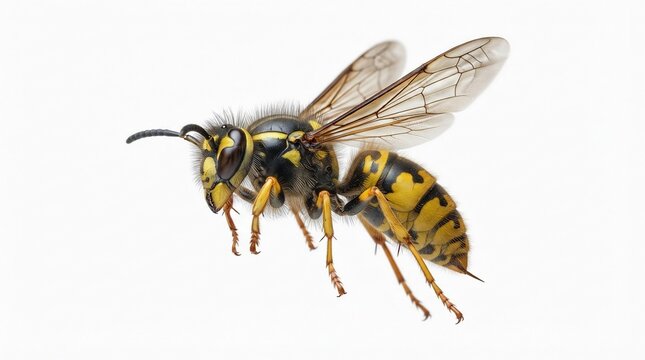Yellow jacket wasp isolated on white background. Macro photo of a common wasp insect. Detailed yellow and black hornet profile.