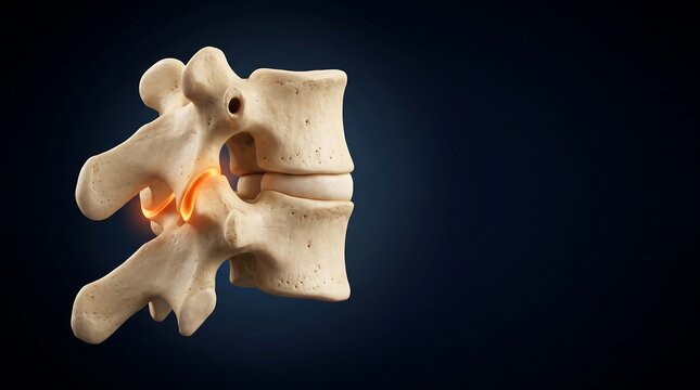 3D rendering of human lumbar vertebrae showing a detailed view of a spinal segment with an inflamed facet joint, highlighting back pain issues.