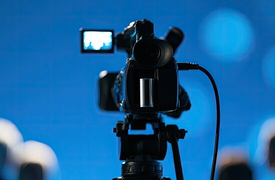 Professional video camera on tripod, focused on screen, blue background