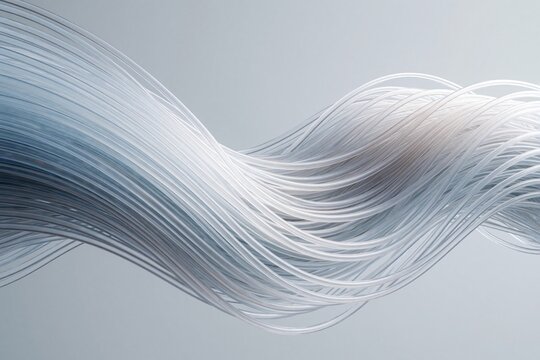Abstract wave of translucent plastic tubes on grey background represents data flow and tech. Modern lines mimic fiber optic cables carrying information in a clean design.