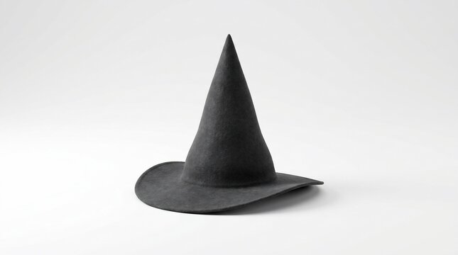 Black witch hat on white background, pointed wizard cap for Halloween, dark felt headwear for magic costume and spooky party decor