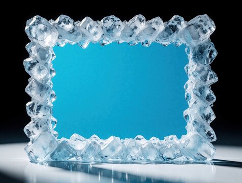 Rectangle frame made from ice cubes and blocks. Center is empty blue area for content. Cool border design for winter and cold product promotion.
