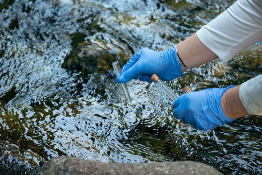 water sampling agricultural field landscape with copy space for banner design, person in blue gloves holding glass tube with water sample, testing for nitrate pollution
