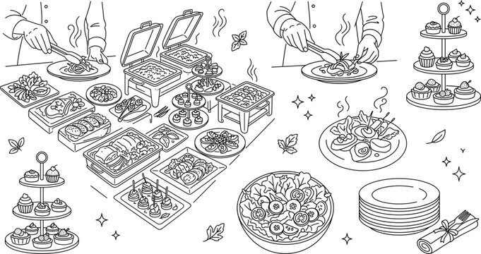 Banquet buffet catering station bundle vector illustration with chafing dishes salad dessert tower and chef serving food