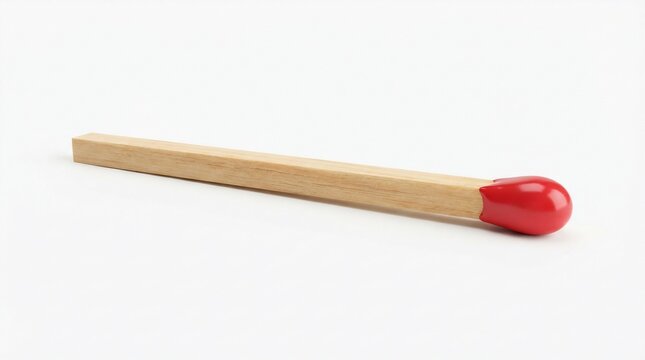 Wooden matchstick with red tip on white background, single unused match stick, minimalist fire starter tool for conceptual design