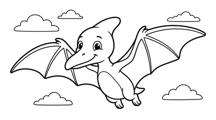 Cute cartoon pterodactyl flying happily through fluffy white clouds in a clear sky © GDBOSS201