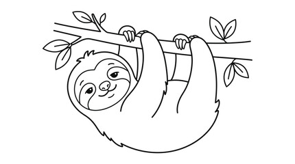 Naklejka premium Cute cartoon sloth hanging from a tree branch illustration for children coloring page line art
