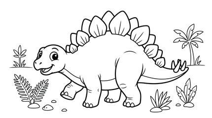 Cute cartoon stegosaurus dinosaur line art illustration for children coloring book page on white background © GDBOSS201