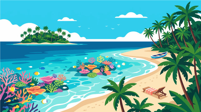 Tropical island beach vector illustration featuring vibrant coral reefs with colorful sea life and lush palm trees under sunny skies