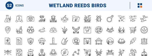 Fototapeta premium Wetland Reeds Birds line icon set. Vector pictograms of marshland, waterfowl, conservation, and habitat elements, thin linear illustration.