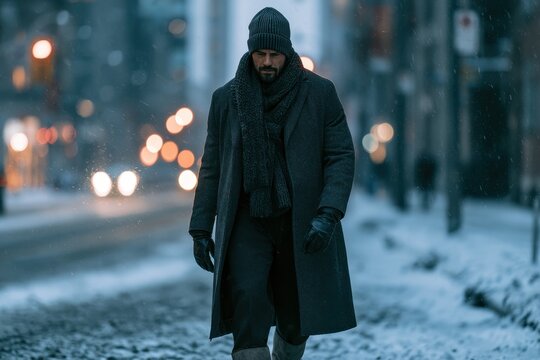 Effortless urban style: refined winter wardrobe with scarf and leather boots on a winter street scene