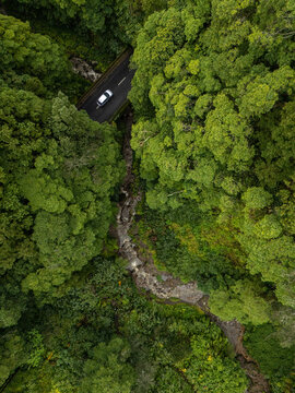 Aerial view of Cascata do Salto do Cabrito with a car driving across a bridge over a rocky stream surrounded by dense green forest in Ribeira Grande, Azores, Portugal.