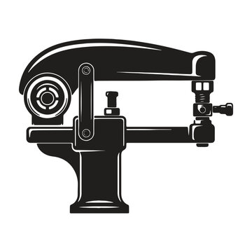 Black and white of a vintage industrial metal press or riveting machine isolated on a clean white background