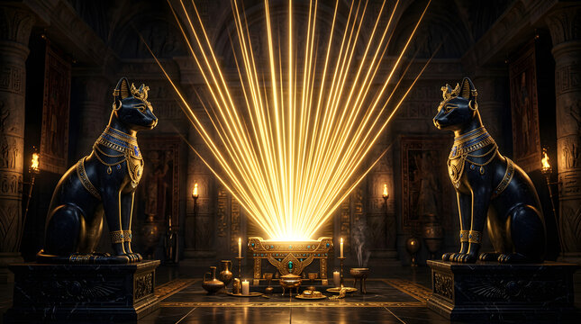 Ancient temple interior with golden light beams.