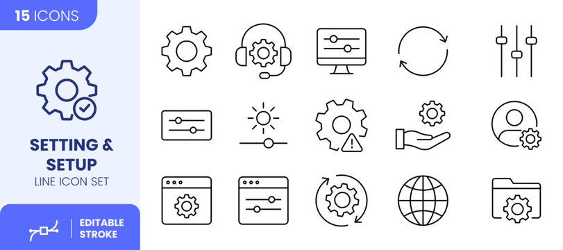 Setting and Setup Line Icon Set, Configuration and System Symbols Vector Illustration with Editable Stroke
