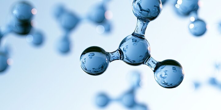 Abstract molecular structure with blue, translucent spheres and connecting rods