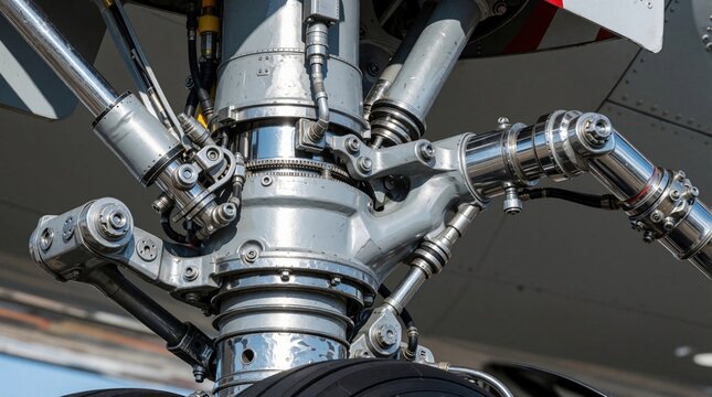 Close up of airplane landing gear complex mechanics. Aircraft wheel strut assembly with hydraulic lines and metal structure. Aviation engineering detail.