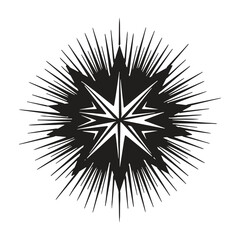 Fototapeta premium Black and white silhouette of a starburst or compass rose shape with sharp radiating spikes, isolated on a white background for