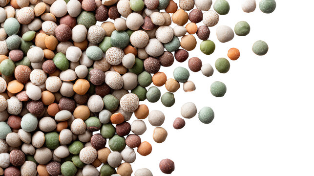 Assorted multicolored lentils and peas scattered in corner with copy space isolated
