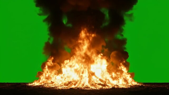 Massive Nuclear Explosion Mushroom Cloud with Fire and Smoke on Green Screen Background