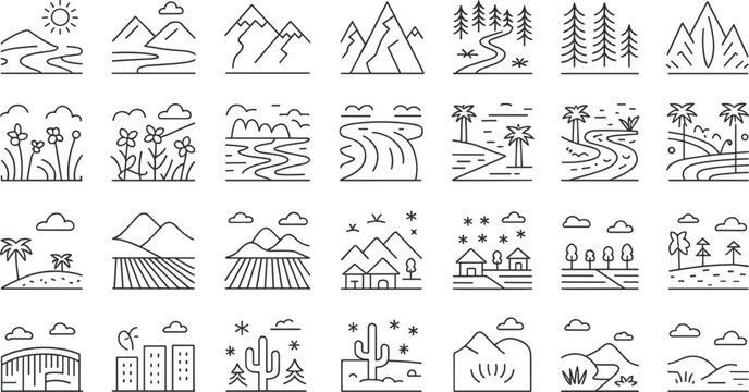Nature landscapes and biomes line icons mega set featuring mountains, forest, desert, fields, river, hills, and village vector illustration.