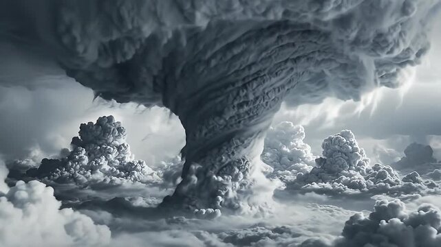 Massive Tornado Formation in Dramatic Stormy Skies, Intense Cloud Swirl and Turbulent Weather Vortex