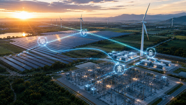 Integrated smart energy grid concept with solar panels, wind turbines, power distribution network, and battery energy storage system visualization.