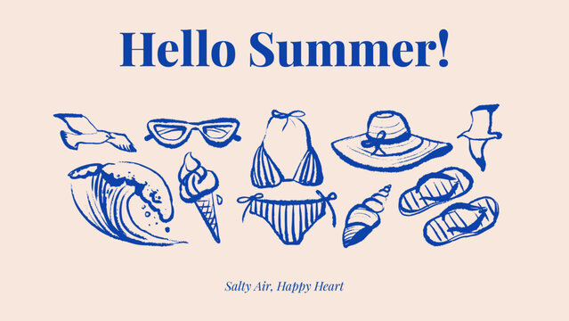 Hand drawn crayon tropical beach set. Dolce vita summer vibe. Vintage summer Italy Mediterranean coastal vacation poster. Vector sketch isolated illustration