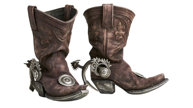 Western cowboy boots with ornate metal spurs