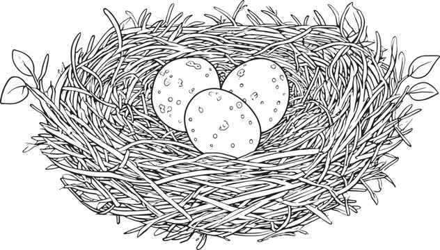 Hand Drawn Bird Nest with Spotted Easter Eggs Line Art Vector Illustration Isolated on White Background