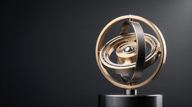 Brass and Titanium Precision Mechanical Gyroscope in Dynamic Balance on Pedestal Representing Portfolio Stability and Risk Management Concept