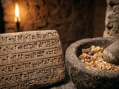Ancient cuneiform clay tablet resting beside stone mortar with frankincense resin