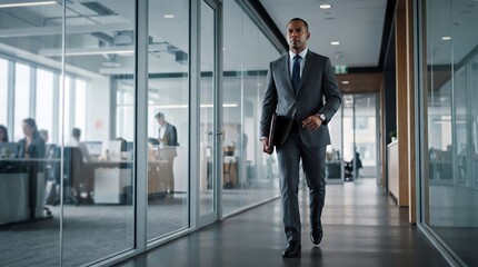 Fototapeta premium Professional Business Executive Walking Through Modern Corporate Office Corridor During Busy Workday with Colleagues Working in Background