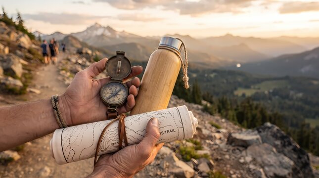 Hands holding a vintage compass, bamboo water bottle, and a rolled paper map while hiking on a scenic mountain trail during golden hour sunset