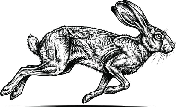 A detailed black and white etching illustration of a fast running wild hare