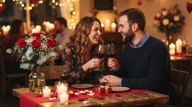 Romantic couple dining at restaurant, happy man and woman toasting with red wine, elegant Valentines Day date with candles and roses