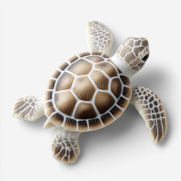 Top view baby sea turtle figurine with brown shell and white flippers isolated on transparent background