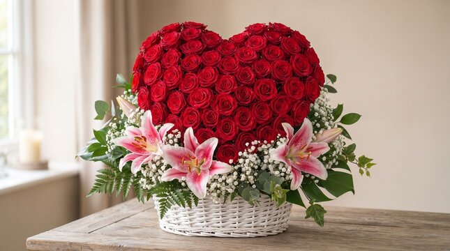 Romantic heart shaped red rose bouquet, floral arrangement with pink lilies in white basket, elegant Valentines Day flower gift